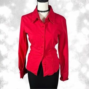 Glam Rich Red Chic Long Sleeve Button Up Top